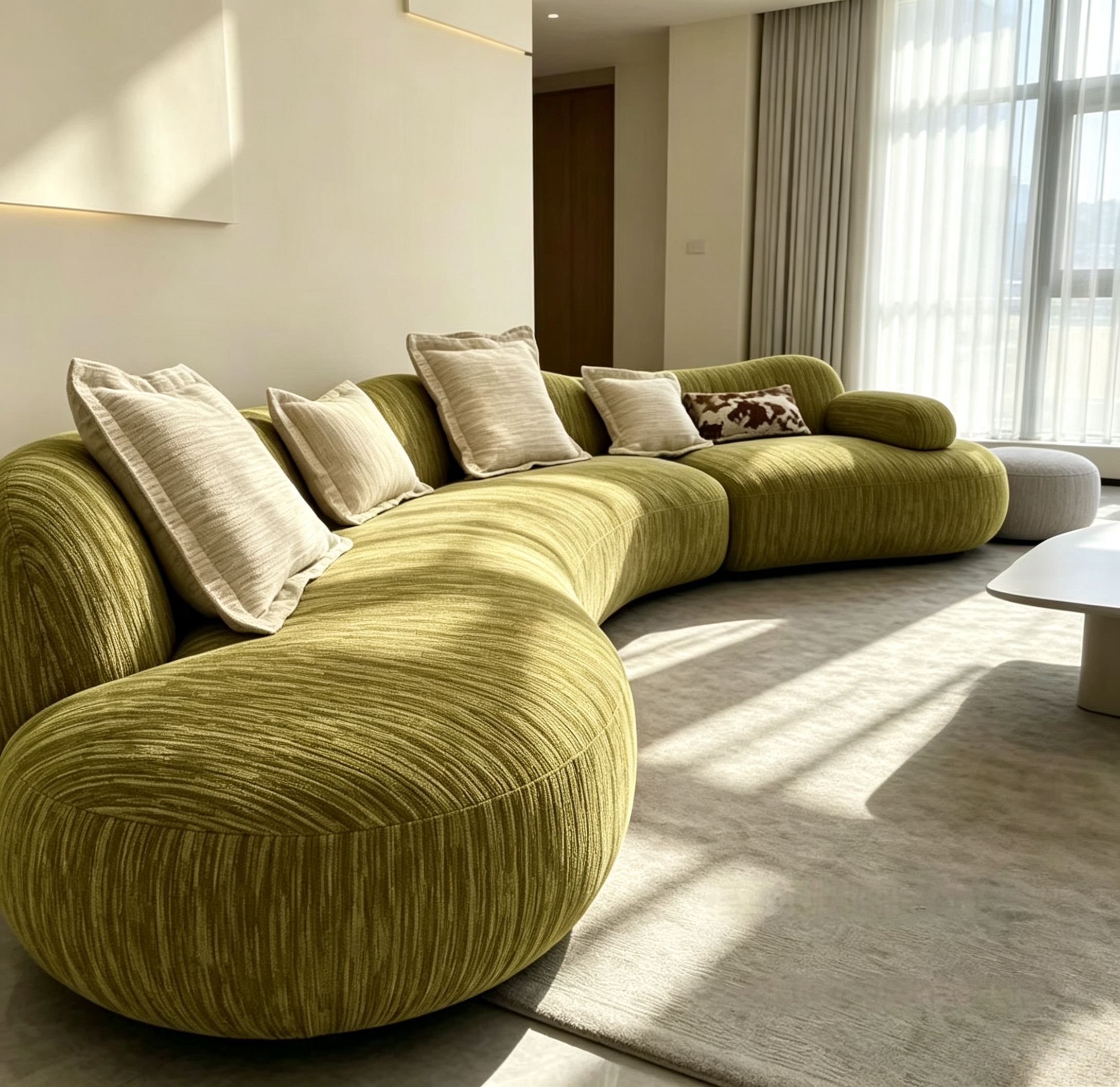 Olive green ribbed curved sofa with premium textured fabric