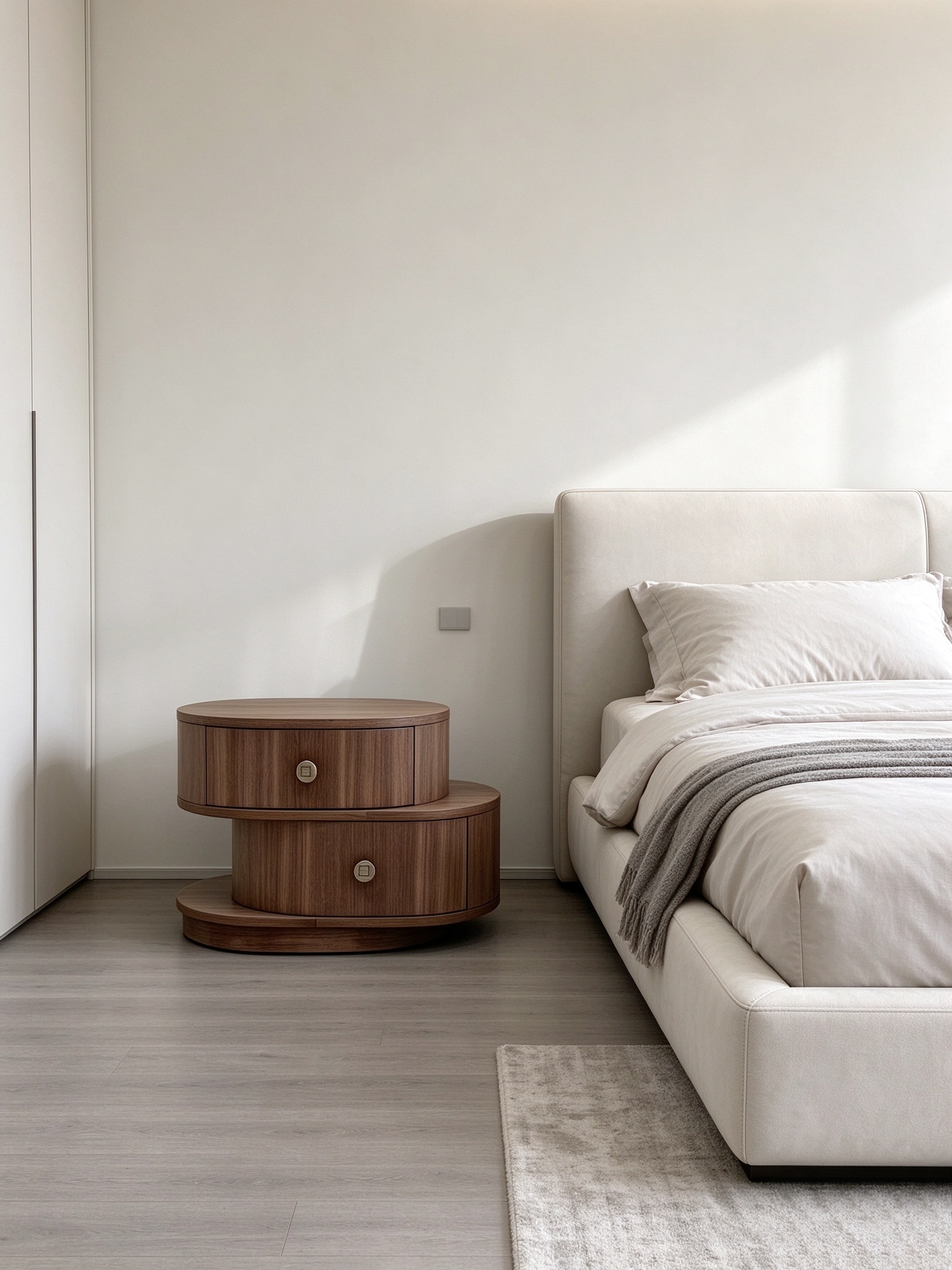 Asymmetrical round walnut nightstand styled beside upholstered bed, warm walnut finish