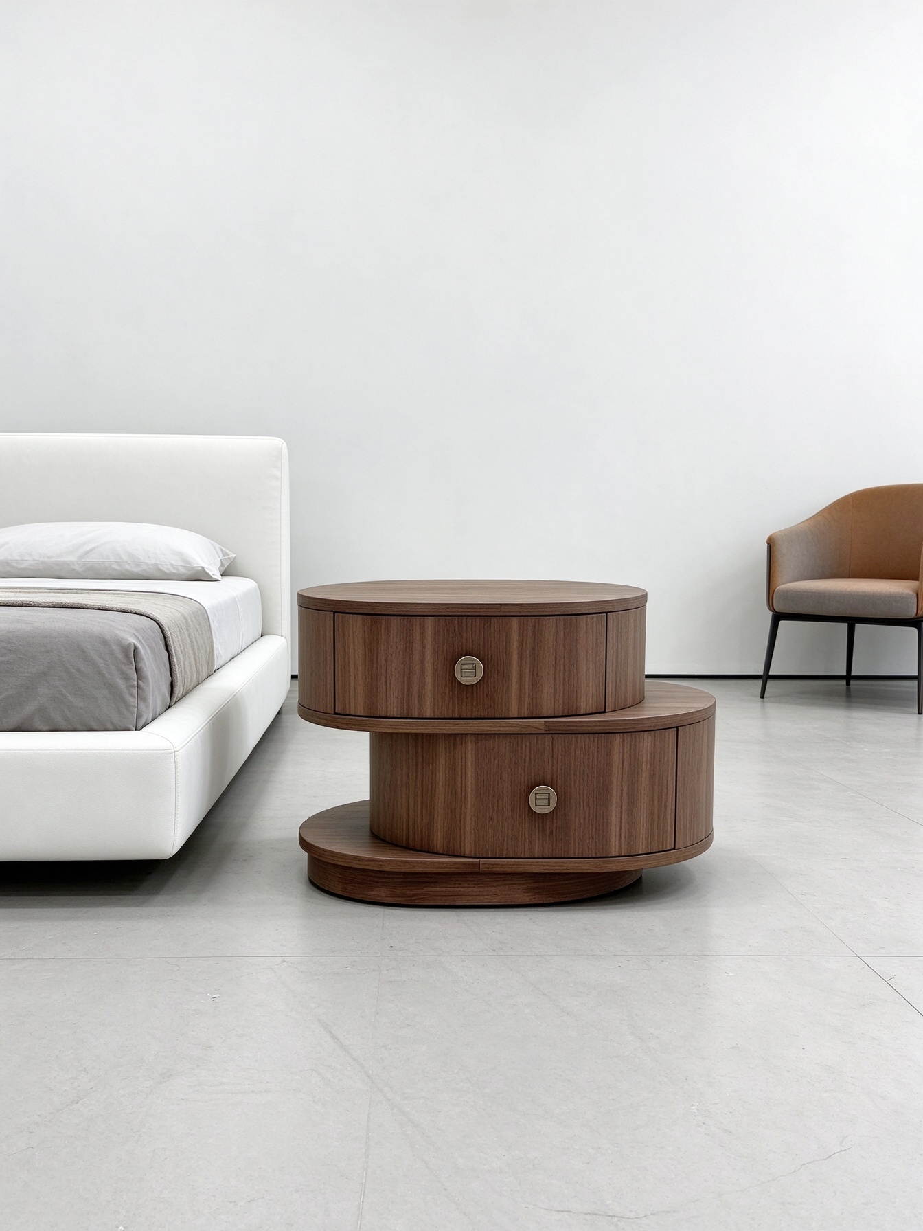 Asymmetrical Round Walnut Bedside Table