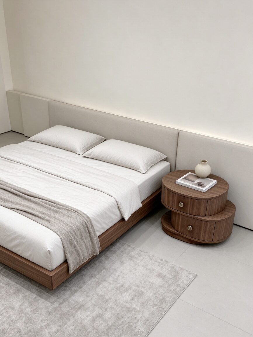 Asymmetrical round walnut nightstand styled beside upholstered bed, warm walnut finish
