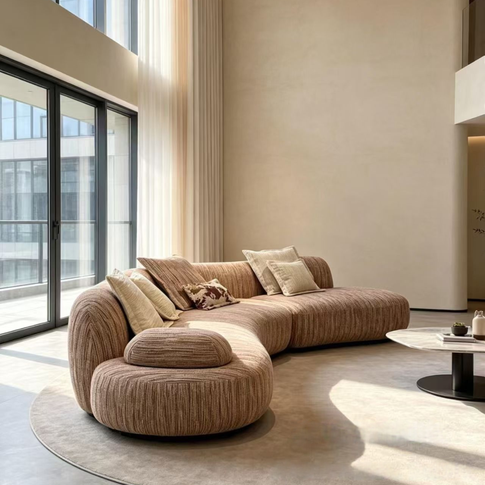 Taupe ribbed curved modular sofa