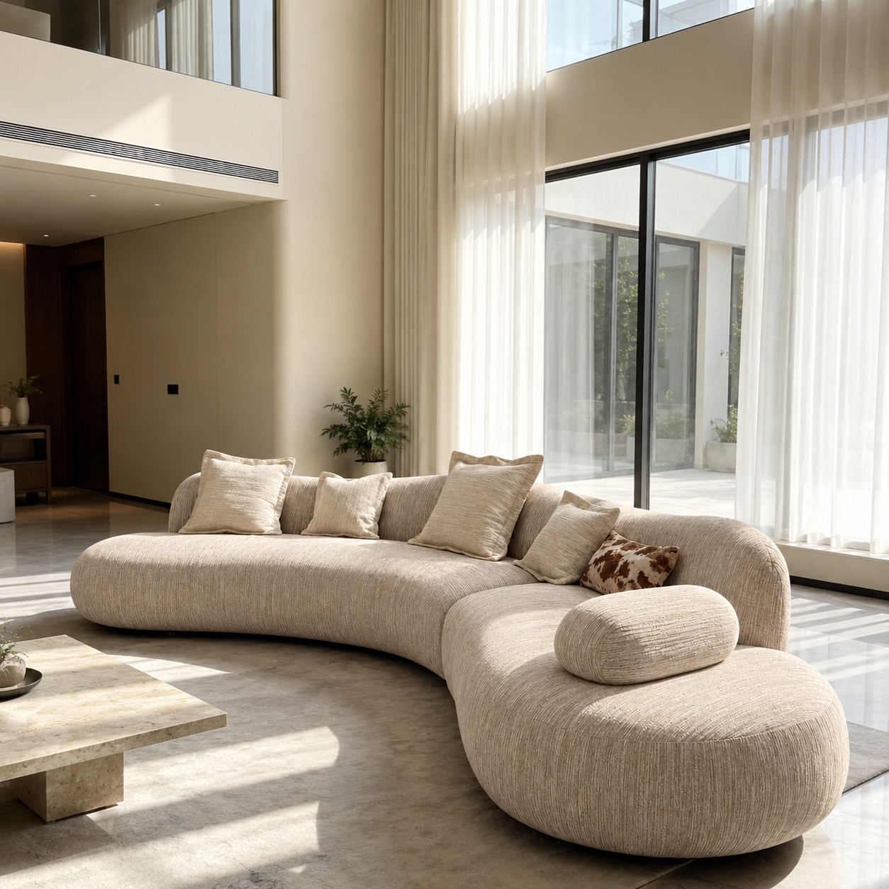 Large cream curved modular sofa in a spacious double-height minimalist living room, highlighting quiet luxury interior aesthetics.