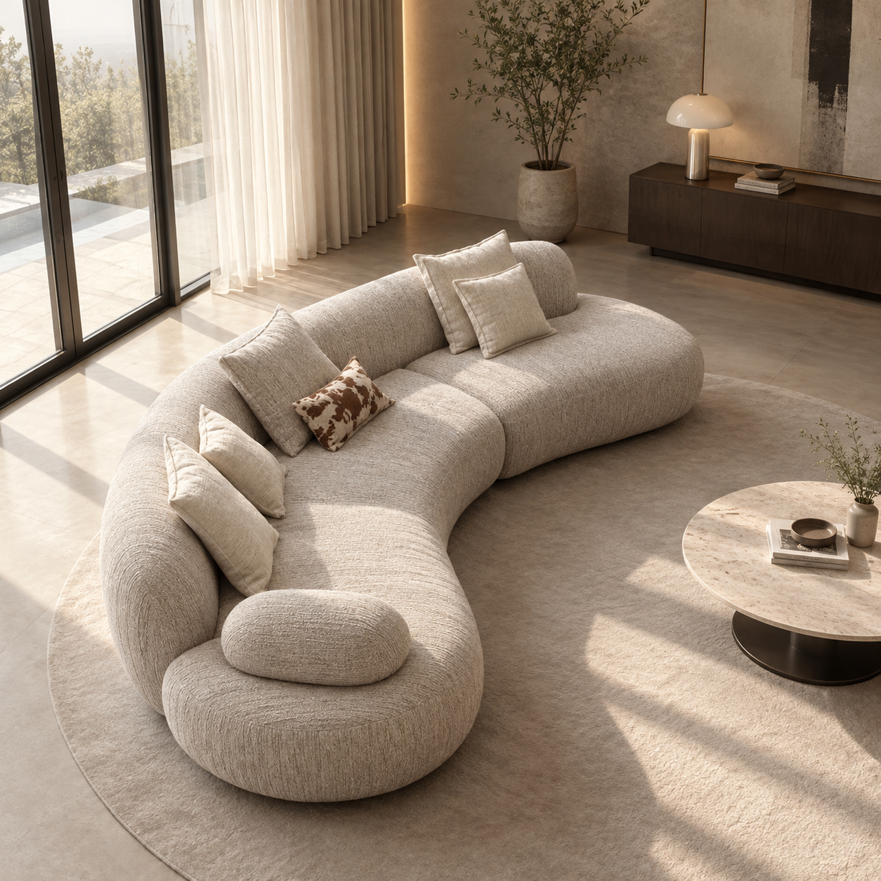 Beige ribbed curved sofa with premium textured fabric in a sunlit minimalist living room with a beige rug